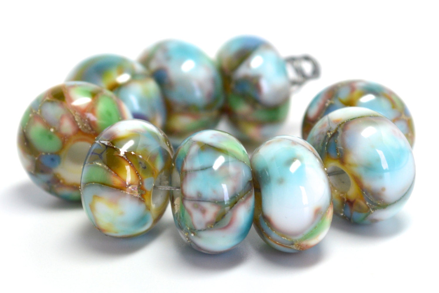 SRA handmade, gorgeous "pacific" topaz, light blue, white, and green set of  lampwork beads for making jewelry 32713-6