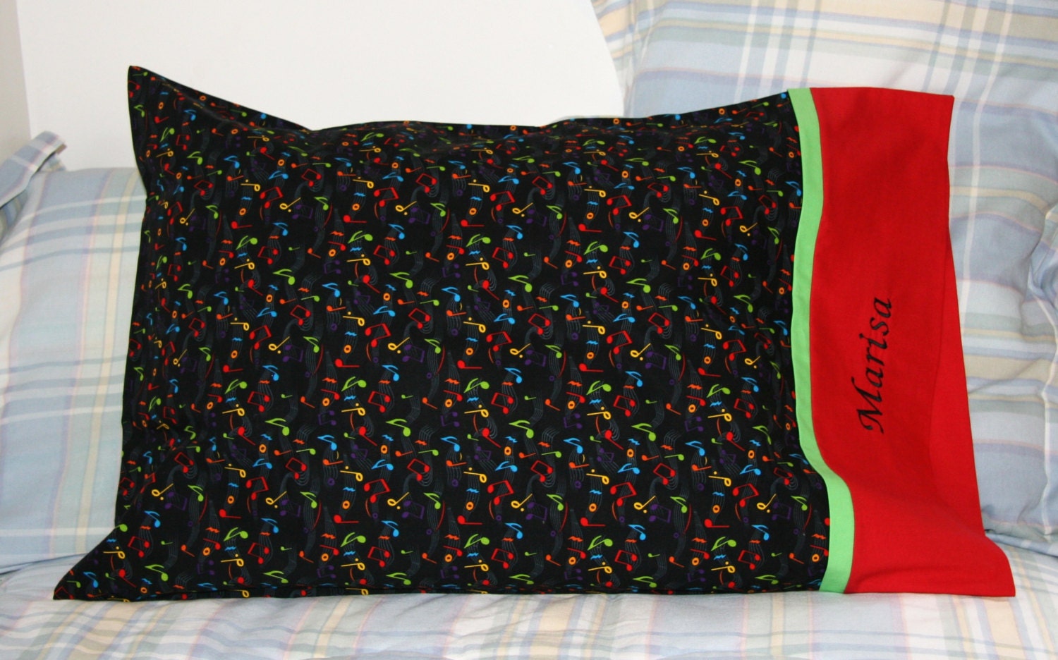 Music Notes Pillowcase Rainbow Colors, Red, Green, Custom Embroidered
