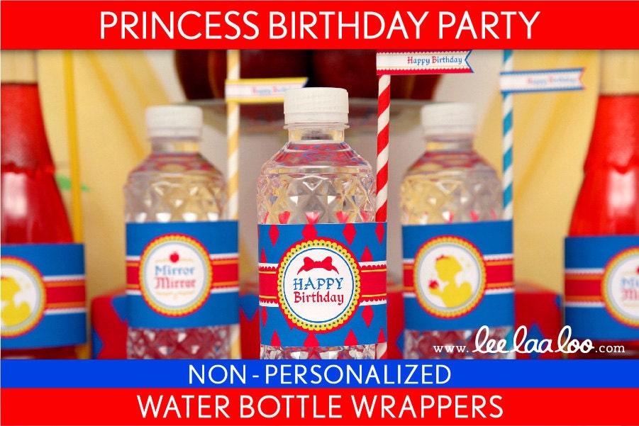 Princess Birthday Party - Water Bottle Wrappers & Bonus: Straw Flags NonPersonalized Printable // Snow White Princess - B25Ne