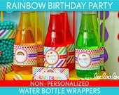 Rainbow Birthday Party - Water Bottle Wrappers & Bonus: Straw Flags NonPersonalized Printable // Rainbow - B41Ne