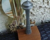 Seattle Space Needle Souvenir Building Replica. Vintage 1960s. Metal & Teak Wood. Mid Century Modern.