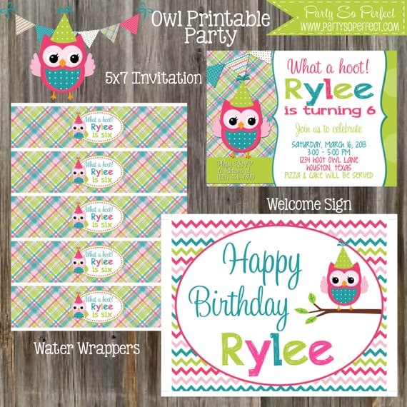 Owl - Pink, Green & Blue Birthday Party Package - Girl DIY Printable Il_570xn