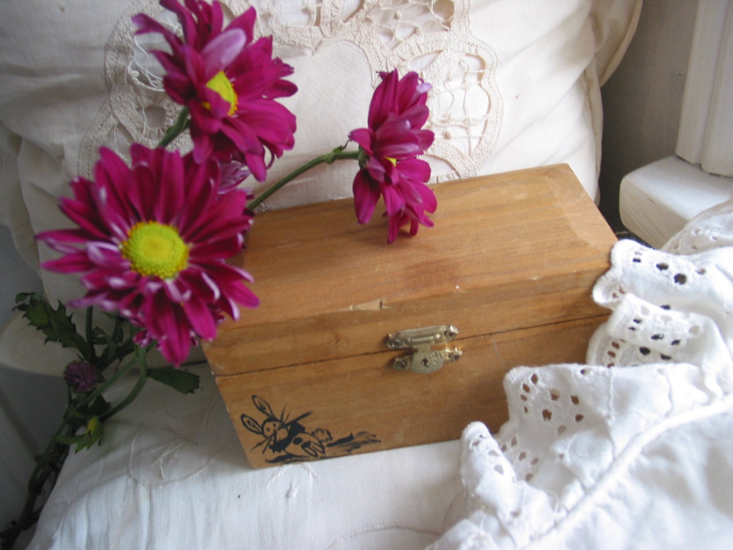 Old box, folk-art rabbit, Springtime