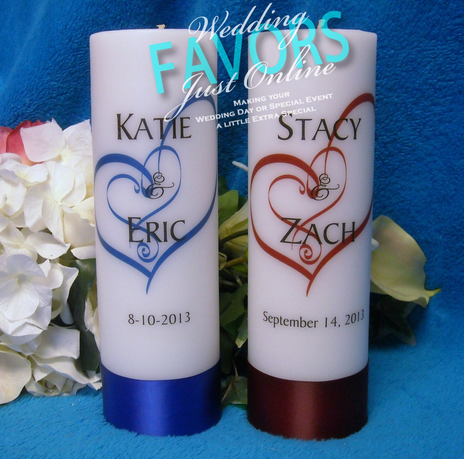 Unity Candle With Tapers Heart Design Personalized - Your choice of color