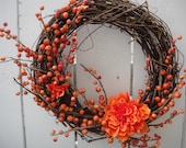 Orange Berry Wreath With Floral Accents   Front Door Wreath   Fall Wreath   Elegant Wreath  Hand Crafted Wreath