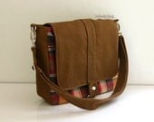 New - Brown Messenger Bag with Plaid detail and Water-resistant Liner / Laptop / Shoulder / Tote / Handbag / Travel / School / Men - Kiyomi