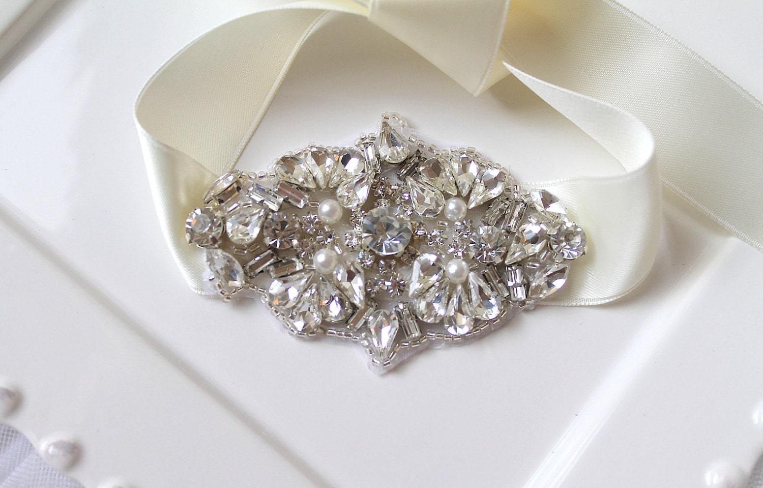 Bridal couture beaded swarovski crystal & pearl wedding bracelet. EMPRESS