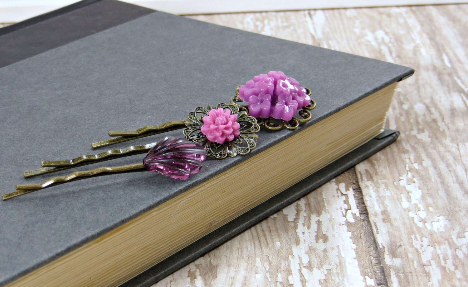 Purple Bobby Pins, Romantic Hair Accessories, Violet Flowers with Art Deco Glass Fan Bobby Pin Set by Flower Couture