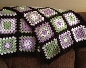 Lavender and green granny square crocheted afghan blanket ready to ship