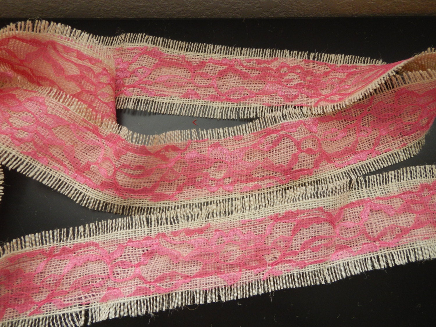 Burlap and Lace Ribbon, Pink Lace and Oyster Frayed Burlap Ribbon, Use for Wedding, Shower, Party, Home Decor, Crafting