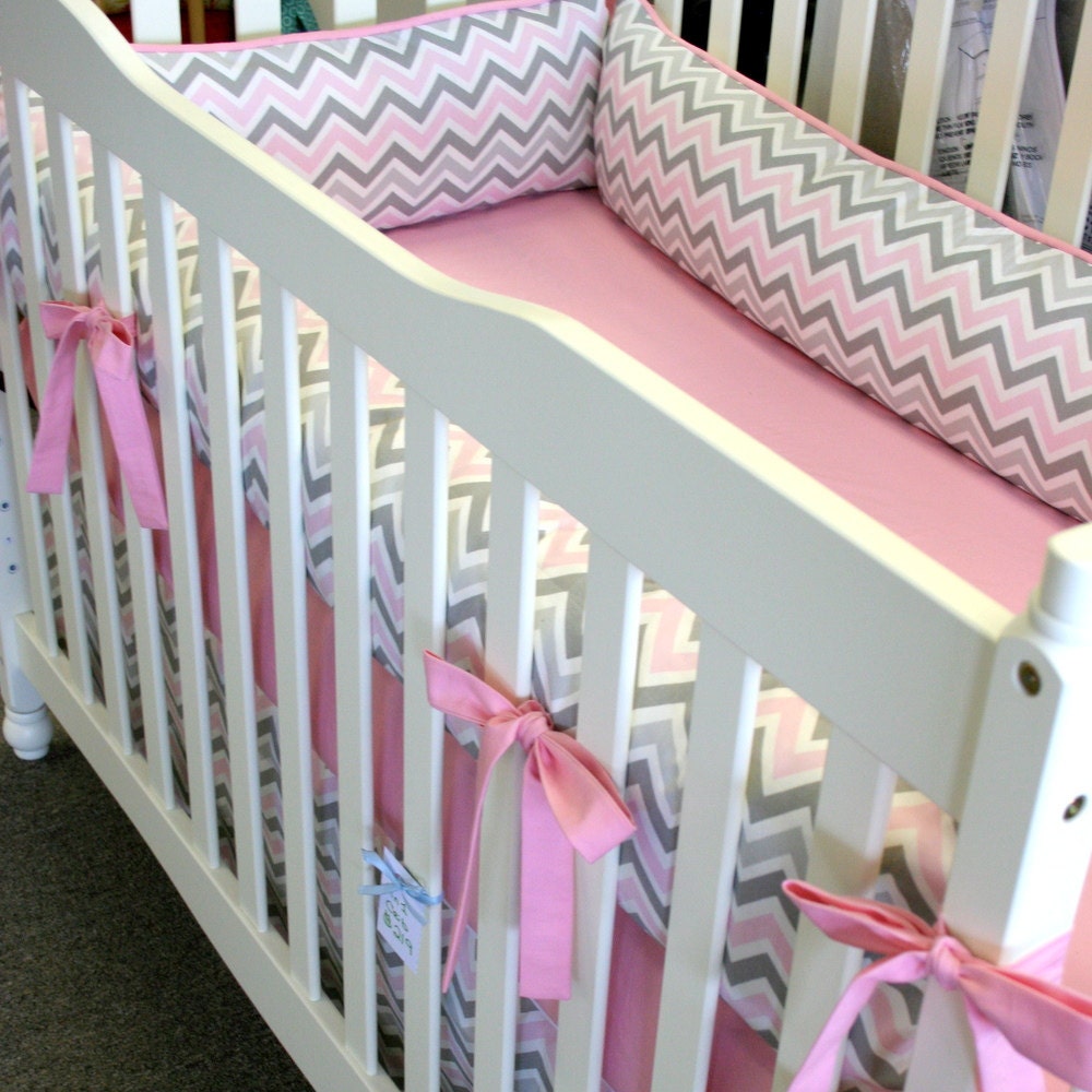 Pink and Gray Chevron 4pc.  Girl Crib Bedding Made to Order