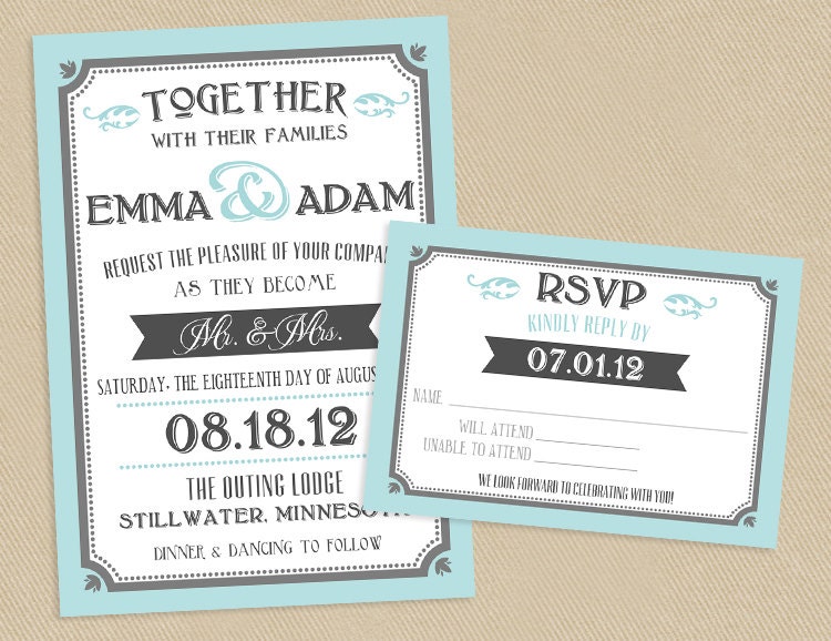 Printable Wedding Invite and RSVP Invitation Set - Robins Egg Blue and Gray Vintage Typographic Poster Style
