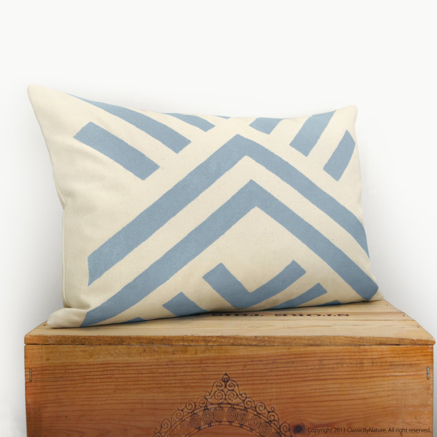 Chevron pillow - Throw pillow covers - Hand printed pillow in  dusk blue and cream with geometric design - 12x18 lumbar pillow cover - ClassicByNature
