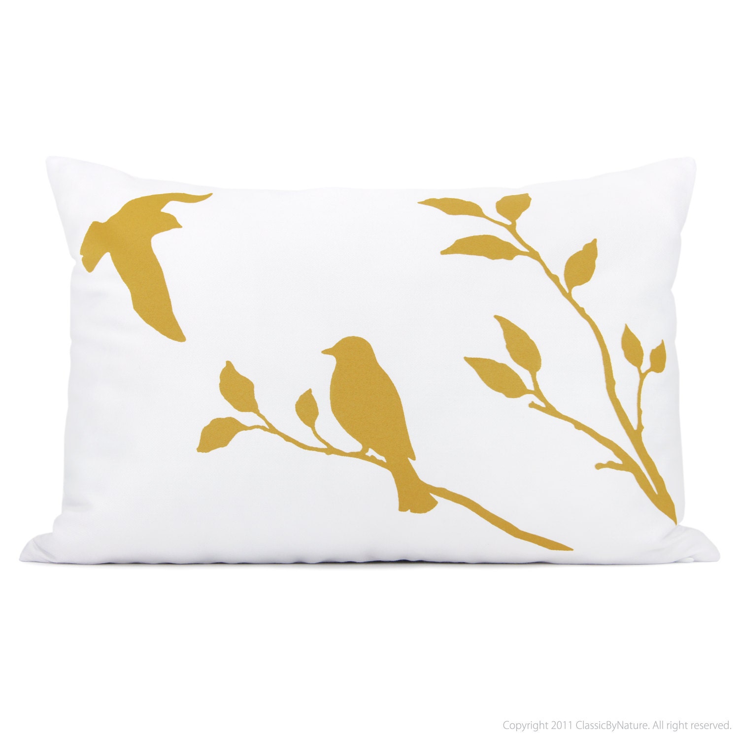 Love birds pillow cover - Mustard yellow bird in nature print on white fabric decorative pillow cover - 12x18 lumbar pillow cover