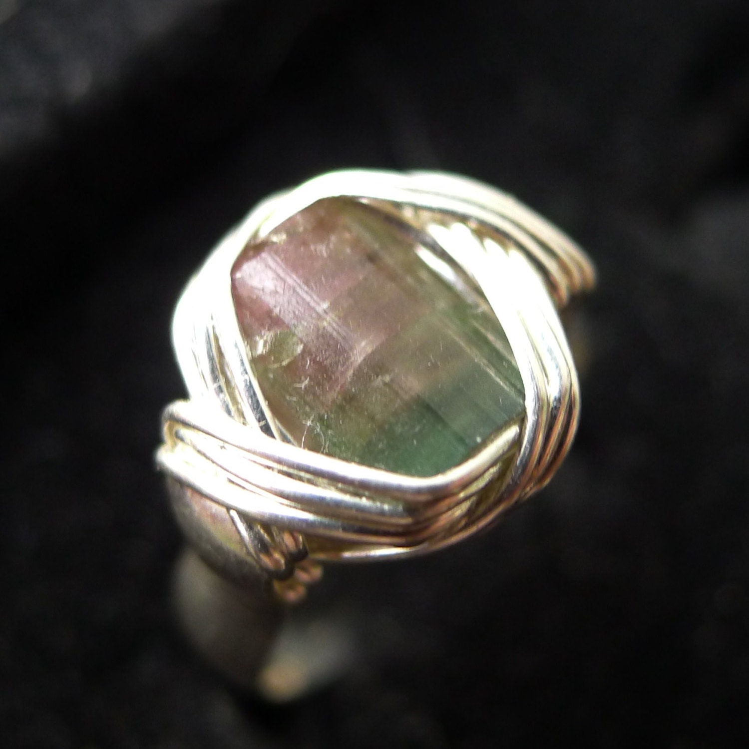 Watermelon Tourmaline Crystal in Wire Wrapped Silver Ring, Size 7.5