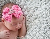 Hot Pink Bow - Princess Bow Headband - Petite Satin and Crystal Tiara Rosette Hairbow - Newborn, Baby, Girls Band or Hair Clip