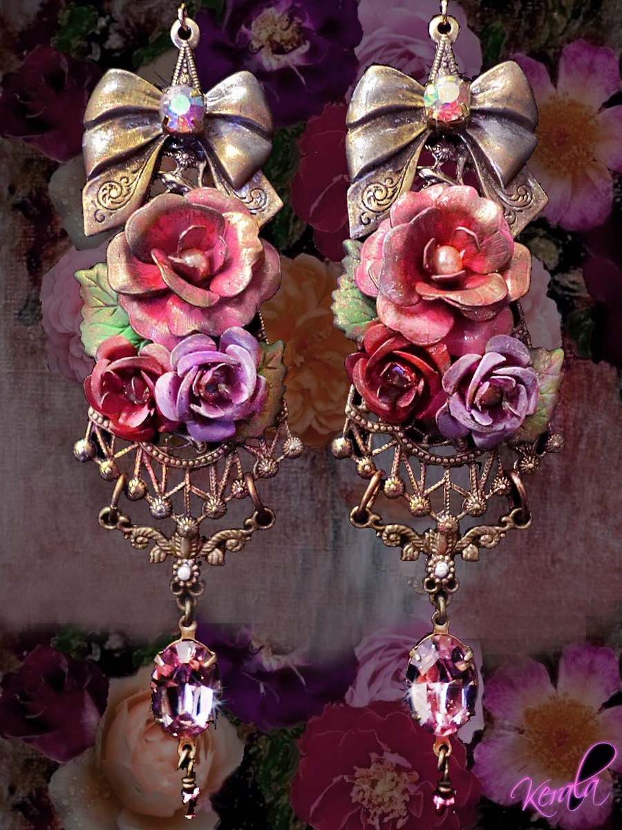 Victorian Rose Earrings, Hand-painted Earrings-  Fantasy, Edwardian, Shabby-Chic Colorful  Roses and Bows-MTO