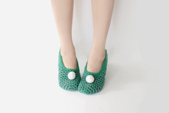 Green Crochet Slippers with Natural White Felted Pompoms