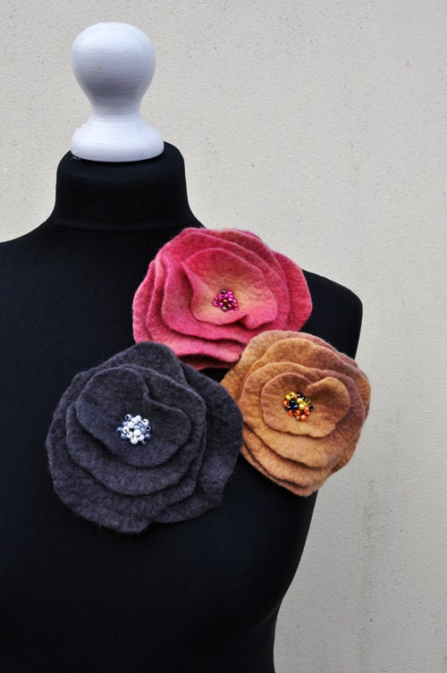 Set of three brooches , flower, gift, felt, felted, wool, merino wool, mustard, grey, pink, yellow
