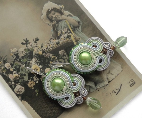 Mint green big statement earrings pastel fashion hand embroidered spring flower soutache earrings
