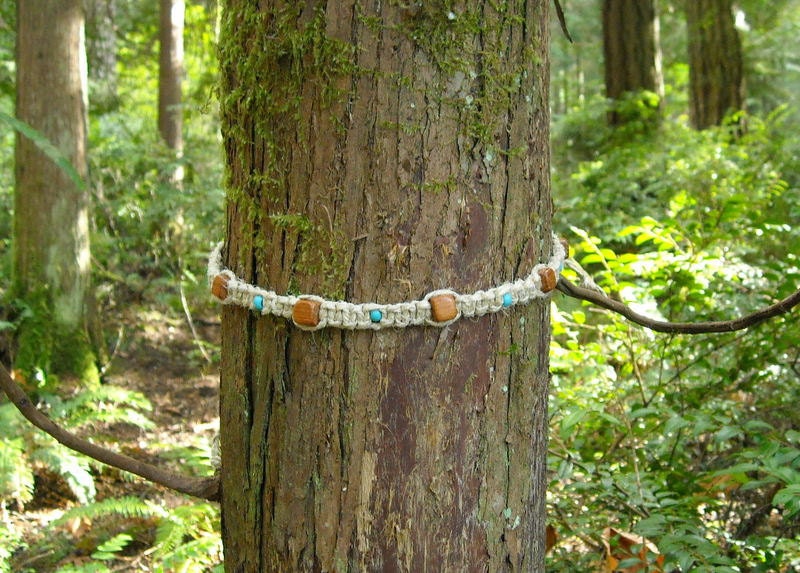 blue glass and wood beaded hemp necklace