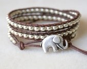 Silver Bohemian beaded leather bracelet, 3x Wrap, Chan Luu Style, good luck elephant, crystal, trendy, friendship, cottage, boho, shabby
