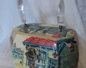 70s vintage wooden lucite pearl handle decoupage  village scene corgill octagon