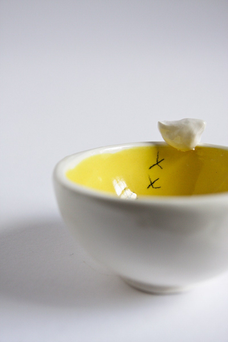 small cearamic bowl, white and yellow TWEET BOWL, spring summer kitchen and home decor, modern minimalist pottery handmade in Ireland