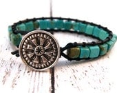 Boho Turquoise Leather Wrap Bracelet with Square Stones & Pewter Mandala Button/ Free Shipping/ Blue Green/ Rustic Boho Chic