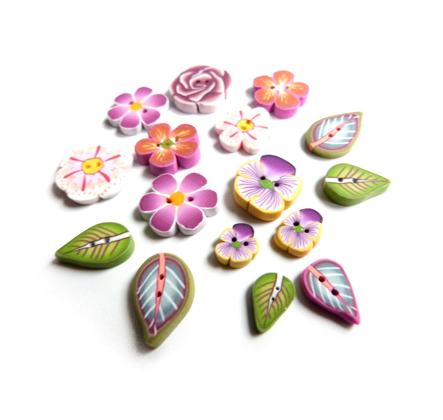 Flower Leaf BUTTONS - Set of 16 - pink purple orange yellow green pink - polymer clay handmade - boutons fleurs feuilles polymere fimo