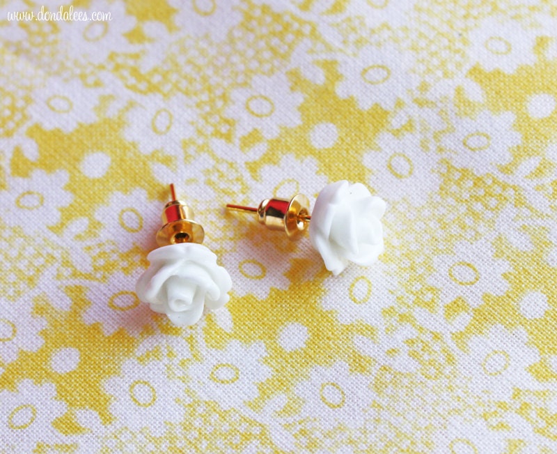 White Rosebud Earrings- Ear Posts
