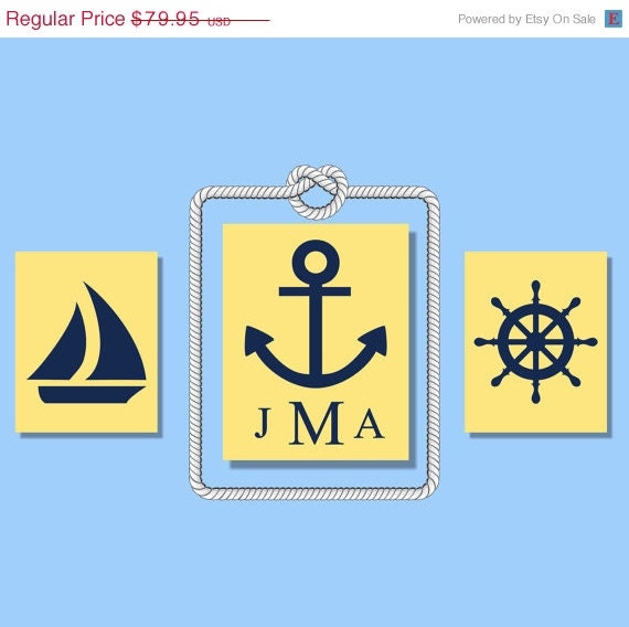 MEMORIAL DAY SALE Nautical Nursery Wall Art  3 Stretched Canvas Personalized