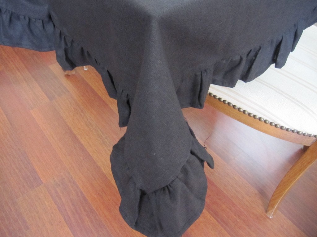 Black linen ruffle tablecloth- Entertaining home decor - tea table cloth