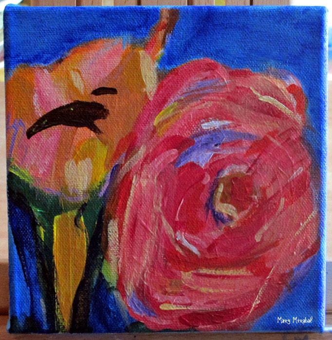 Original Abstract Still Life, Spring Flowers, Acrylic Painting on Canvas