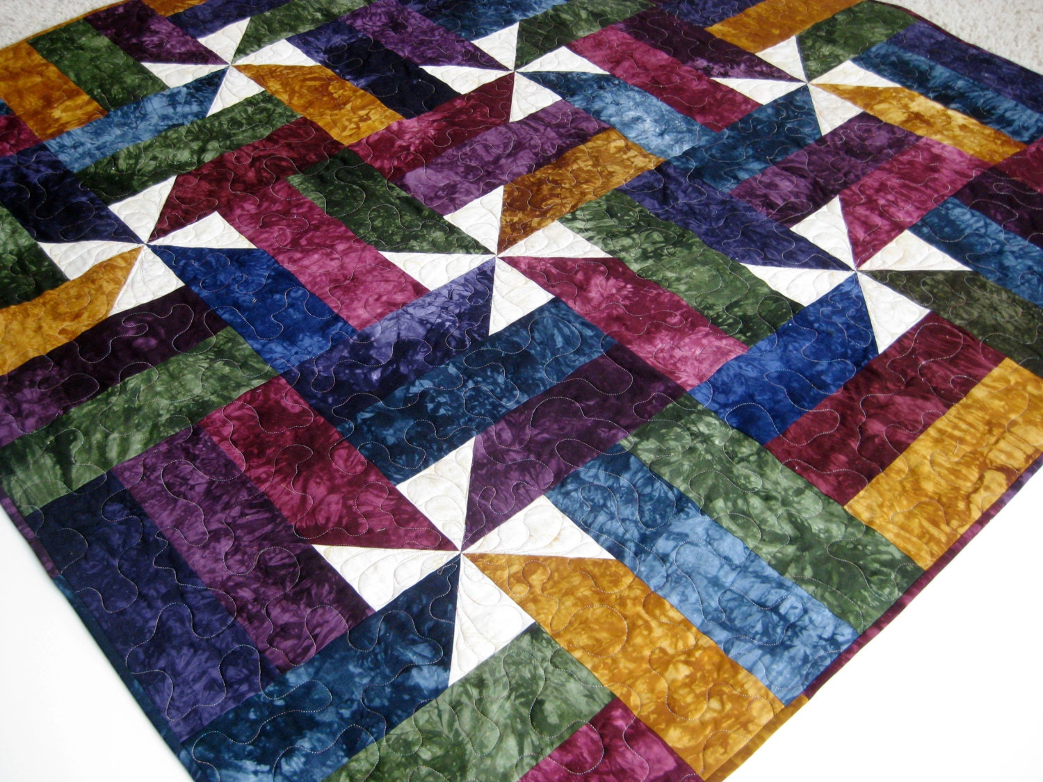 Jewel Tone Patchwork Wall Hanging Lap Quilt Hand Dyed