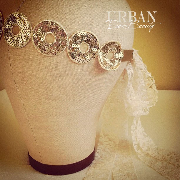 Gold Sequins Bohemian Headband Head-wrap Dressing - Gold Linked Circles Headband Lace Tie - Nicole Richie Inspired