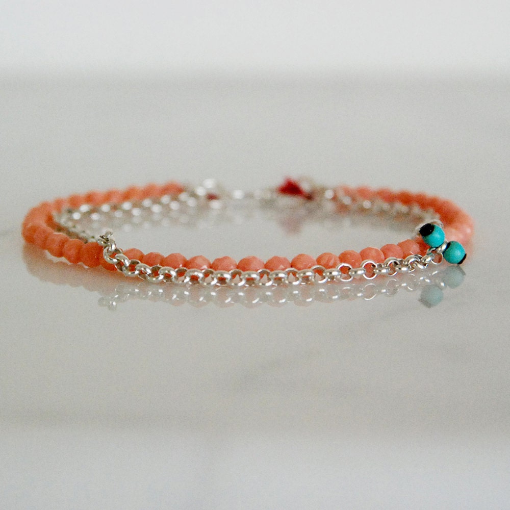 Pink coral and silver chain bracelet with silk cord