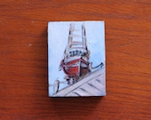 Old Red Boat Mini Painting original art painting on wood 4 x 13 ''