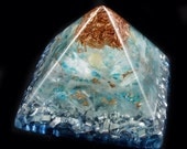 Orgone Energy Generator Pyramid with Tibetan Crystal,  Rhodizite, Phenacite, Chrysocolla, Selenite & Copper Nuggets