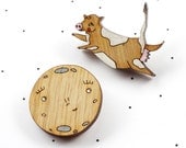 Wooden Laser Cut Cow and Moon Brooch