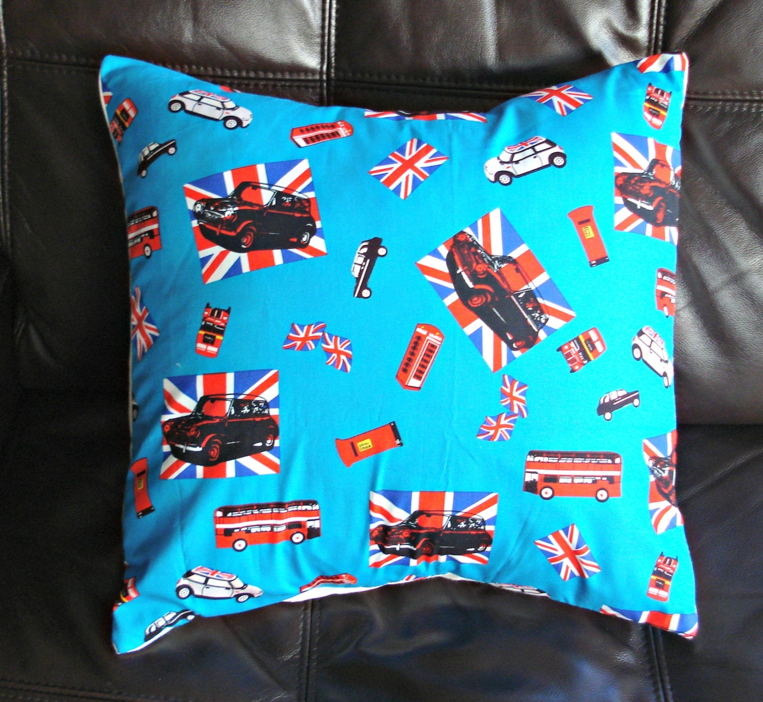 Cushion London union jacks mini car post box bus UK phone box italian job 16 x 16 inches pillow cover blue black red white