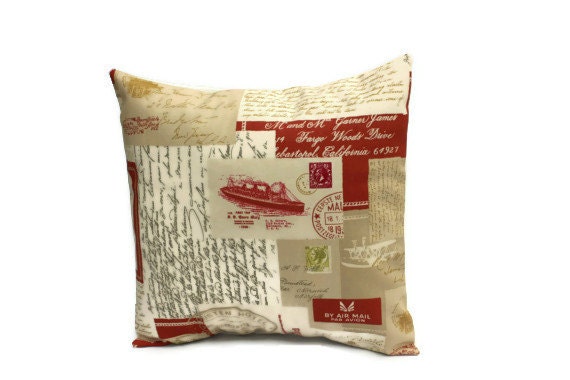 Throw pillow postcard letters postage stamp envelope airmail 16 x 16 dark orange cream beige  decorative  cushion cover