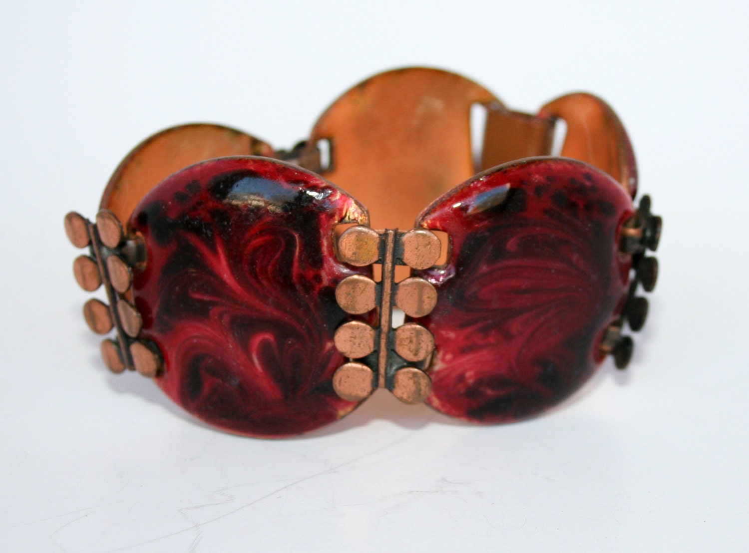 Vintage Red Enamel on Copper Modernist Bracelet 1950s