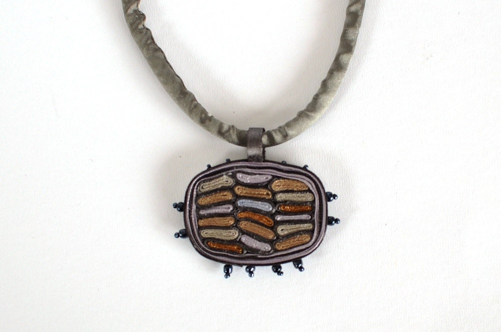 Necklace Grey Beige - Fiber Pendant White Brown - Statement Necklace - Textile Jewelry - OOAK Ready To Ship