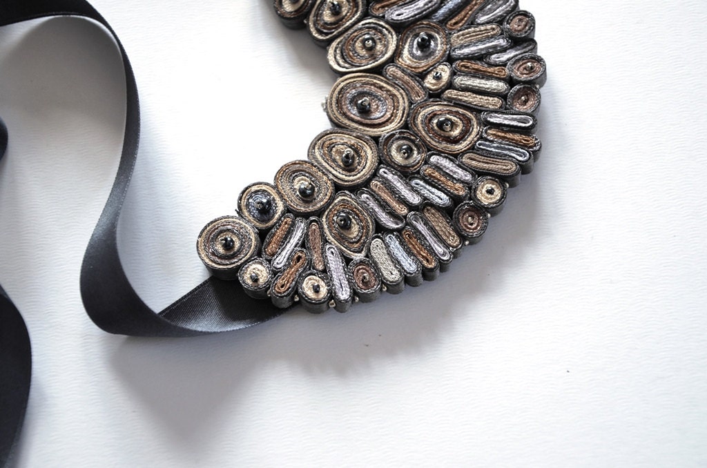 Textile Necklace Beige Grey - Fiber Pendant - Statement Necklace - Handmade Fabric Jewelry - OOAK For Order