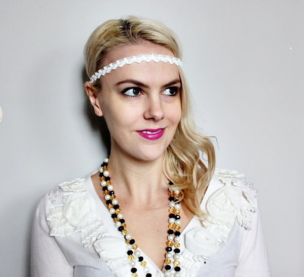 Lace tiara with pearls elastic bridal headband