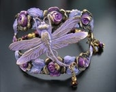 Dragonfly Amethyst Opalite Handpainted Cuff Czech Fire Polished Crystals Swarovski Accent