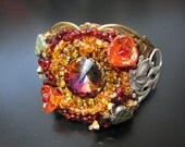 Sunburst Orange Red Fire Rhinestone Sparkle Cuff Bracelet Brass Filigree Vintage Luxe