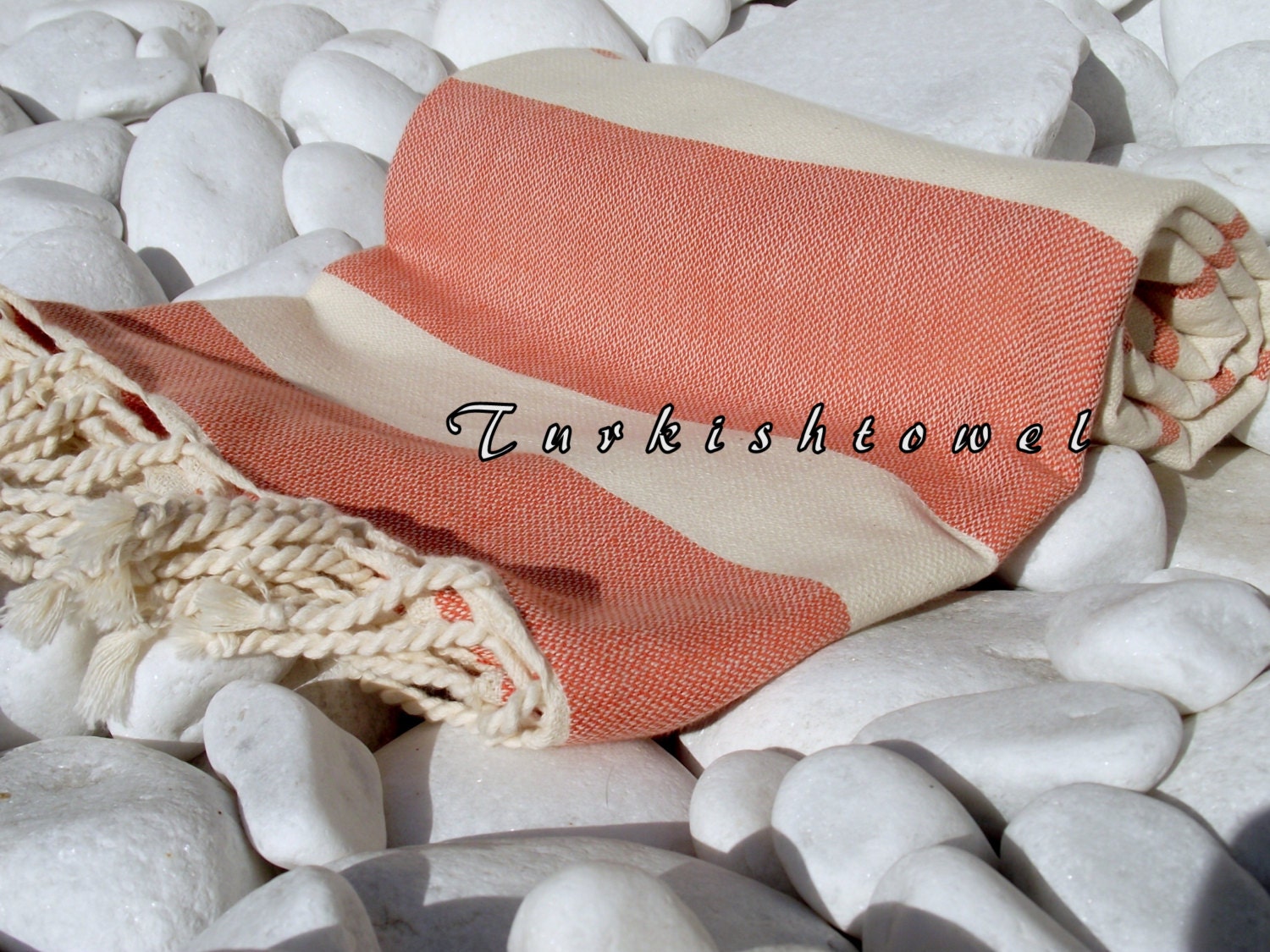 NEW-Turkishtowel-High Quality,Hand Woven,Natural,Organic,Cotton Bath,Beach,Spa,Yoga,Travel Towel or Sarong-Natural Cream and Peachy Orange