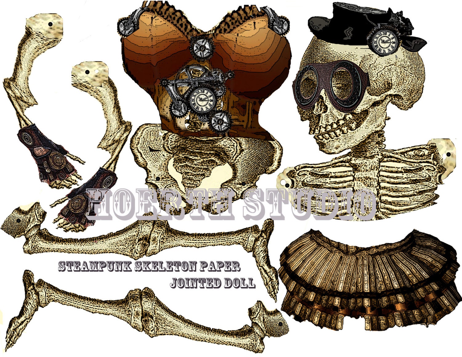Steampunk skeleton paper jointed doll instant download
